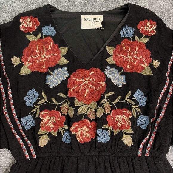 Savanna Jane Dress Size Small Embroidered Floral Long Sleeve Stretch Waist Boho - Picture 4 of 9